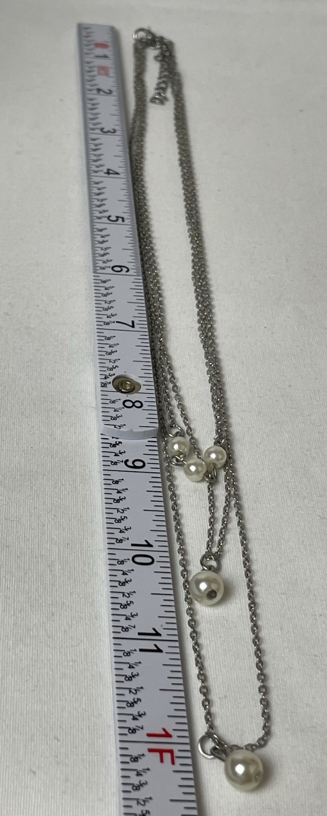 3 Strand Faux Pearl Layered Chain Necklace 18-24” Silver Tone Oval Link