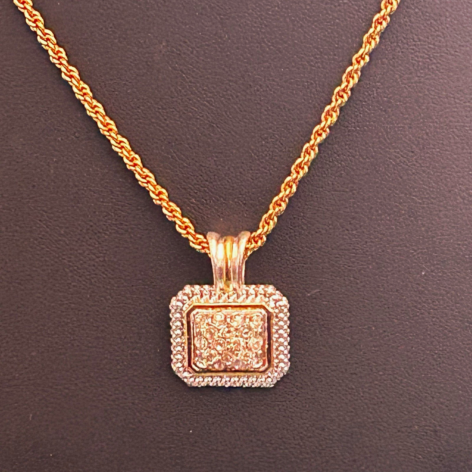 Avon Gold Plated Square Pavé Rhinestone Pendant Rope Chain Necklace, Signed