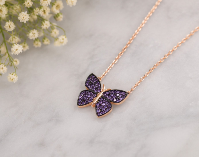 2Ct Round Simulated Amethyst Butterfly Pendant Necklace 14K Yellow Gold Plated