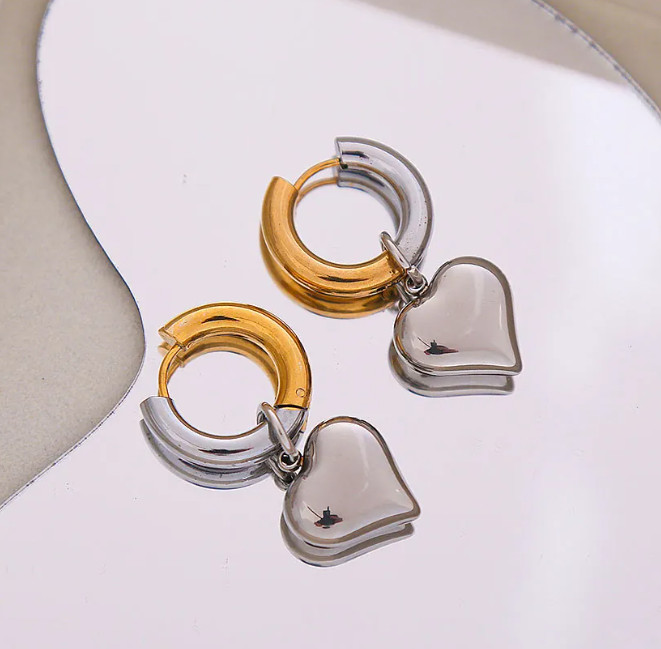 Heart Pendant Hoop Earrings Stainless Steel Detachable Contrast Color High Polis