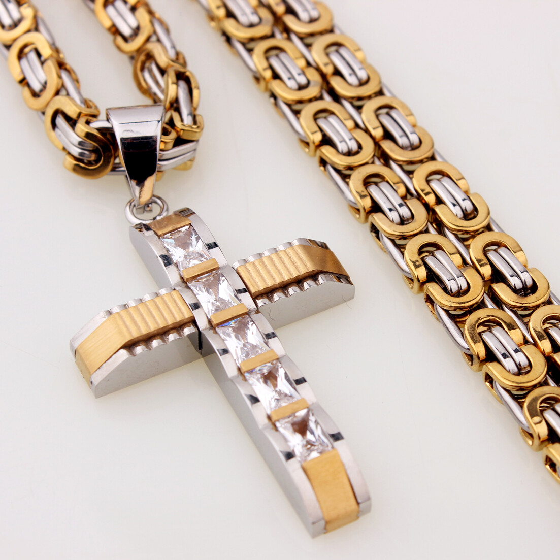 Hot MEN Chain Black Gold Silver Stainless Steel Byzantine Cross Pendant Necklace