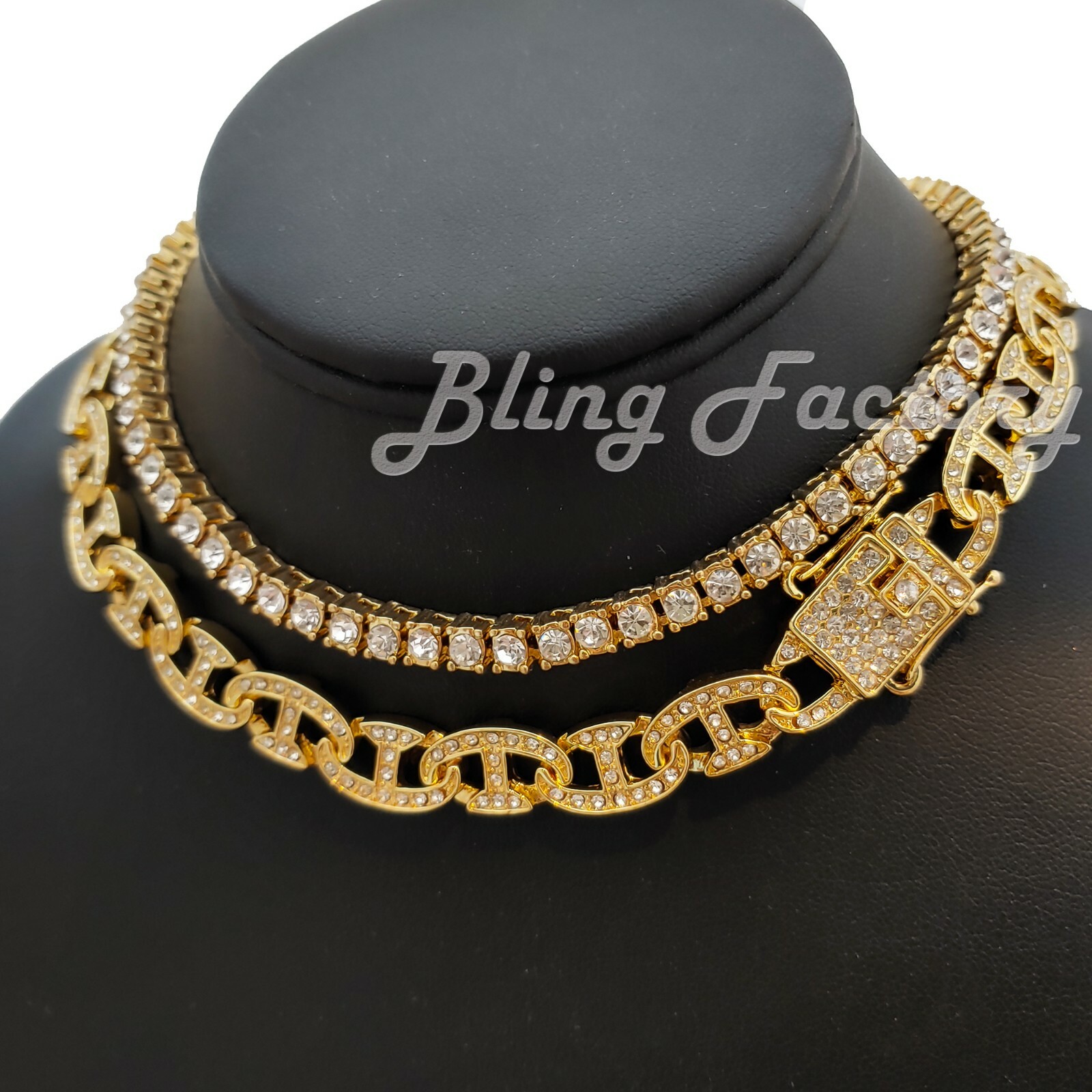 Hip Hop Gold PT Iced 18″ Mariner & 1 Row Tennis Choker Bling Chain Necklace Set