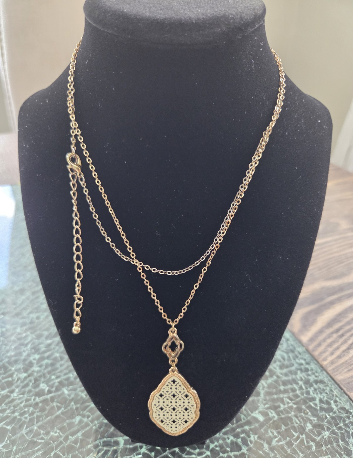 Gold Tone Layered Cable Chain Necklace Teardrop Pendant, Lobster, Adjustable
