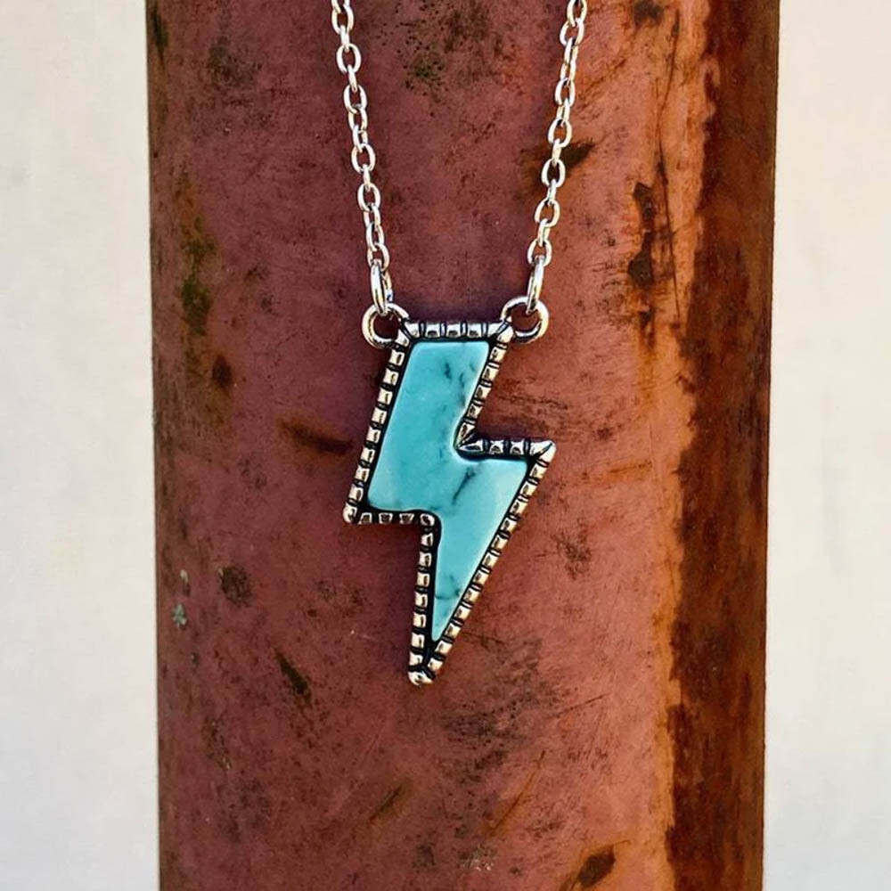 Turquoise Lightning Bolt Pendant Necklace – 19″ Oval Link Chain, Silver Tone