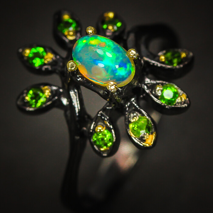 Heated Natural Opal chrome diopside Silver ring 925 Sterling / RVS303
