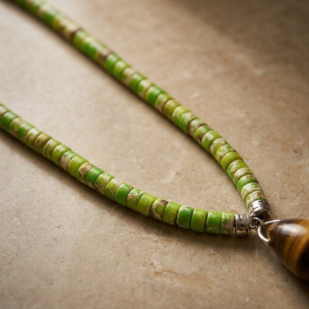 Tiger Eye Pendant Necklace, Green Imperial Jasper Necklace, Heishi Bead Choker,