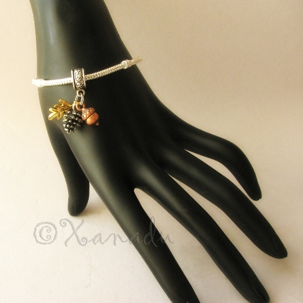 Autumn Treasures Silver Pine Cone Copper Acorn And Gold Leaf European Charm Bead