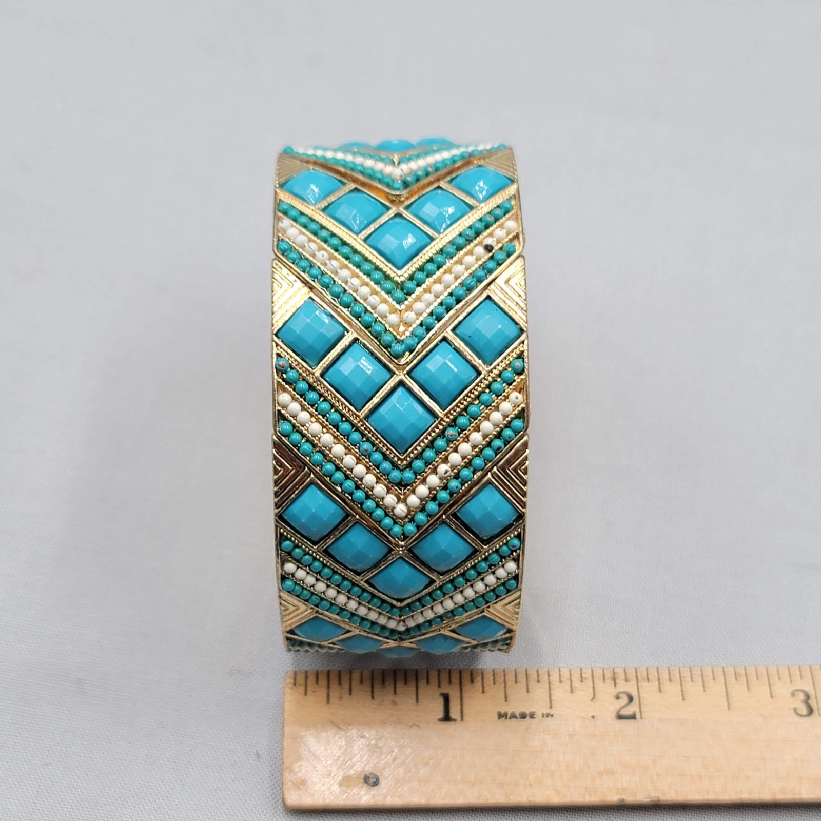 Wide Blue Green Panel Bangle Bracelet Gold tone Elastic 7″ x 1.25″