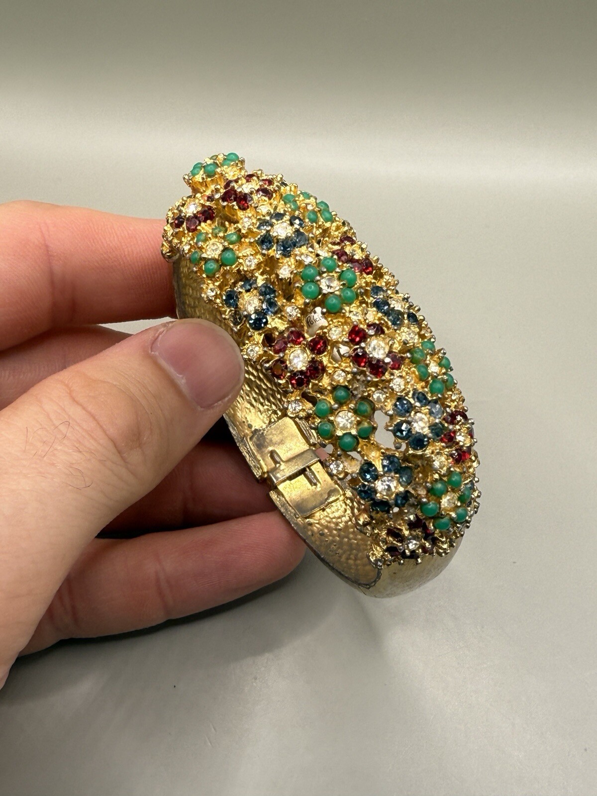 Ladies Vintage Cocktail Statement Bangle Swiss Watch Rhinestone Glass Gold Tone