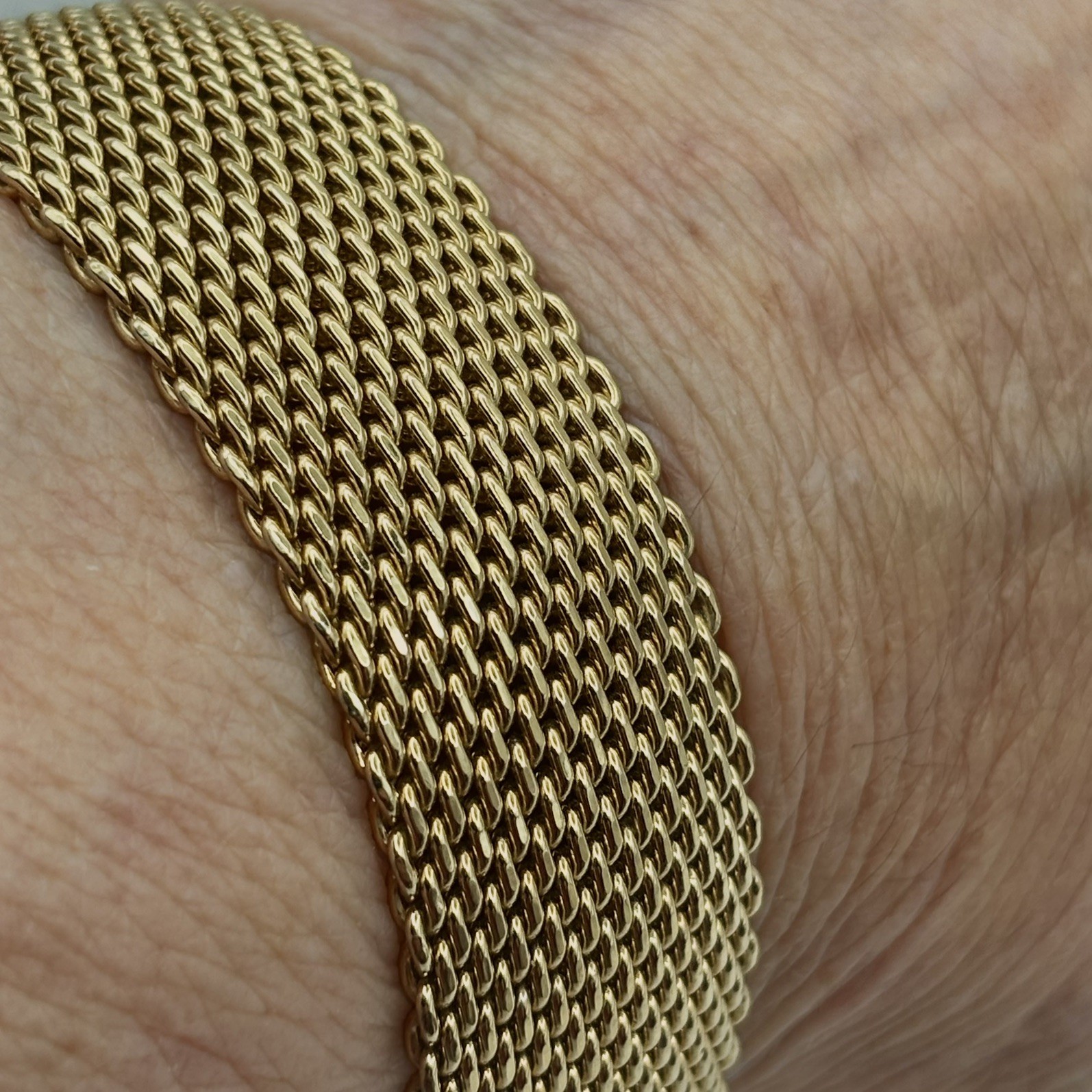 Woven Mesh Bracelet 14K Gold Electroplate ESPO Signed 7.5″ long; 0.75” wide 44g