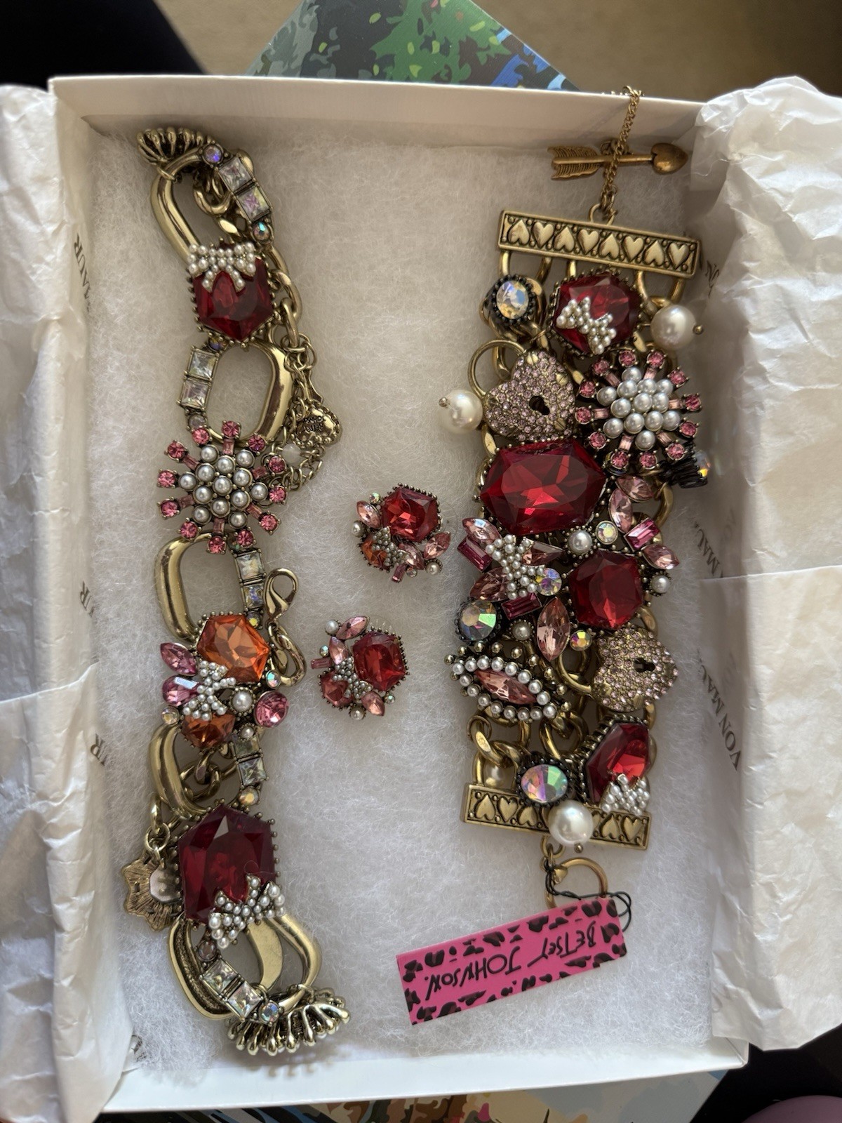 Betsey Johnson Gold Plated Crystal & Faux Pearl Bracelet Earrings Set Red