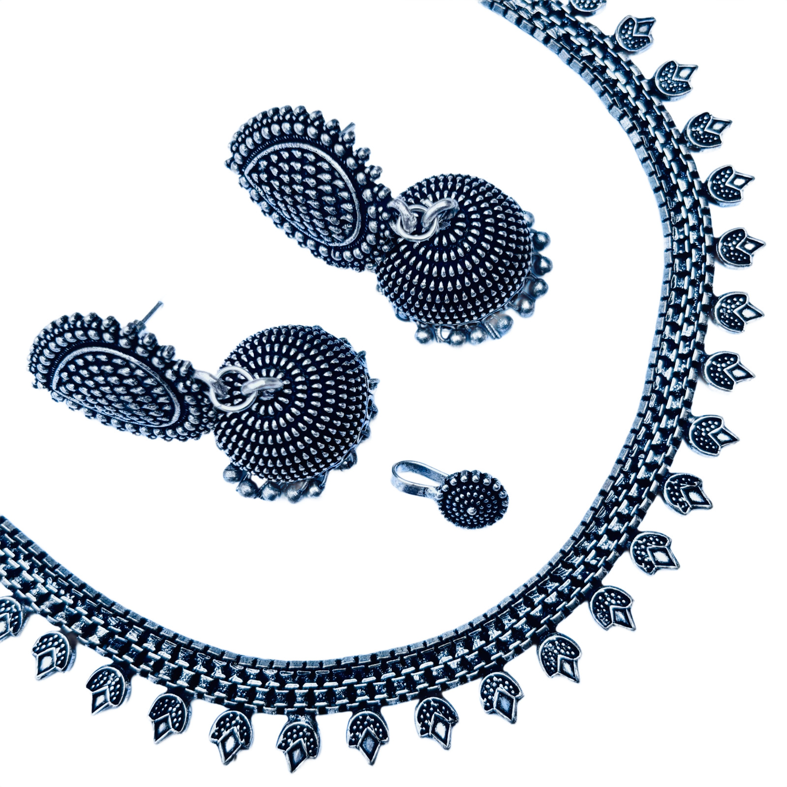 Indian Oxidized Silver Plated Choker Necklace Set With Earring And Nose Pin