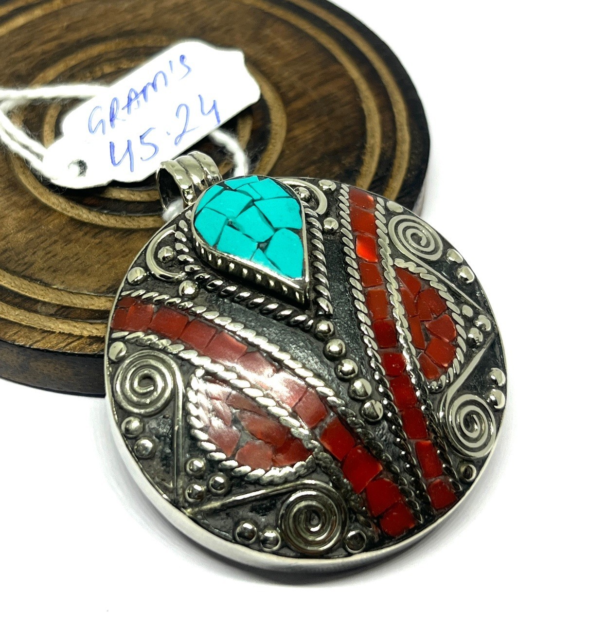 Tibetan Red Coral Turquoise Gemstone Buddhist Prayer Pendant Jewelry, 2.0 inch