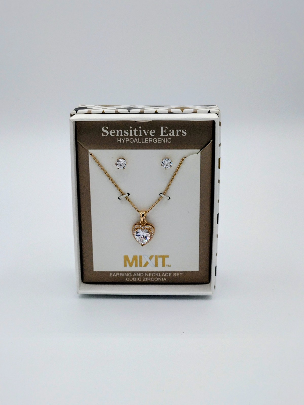 MIXIT Gold Tone Hypoallergenic Heart Necklace & Stud Earrings Set Cubic Zirconia