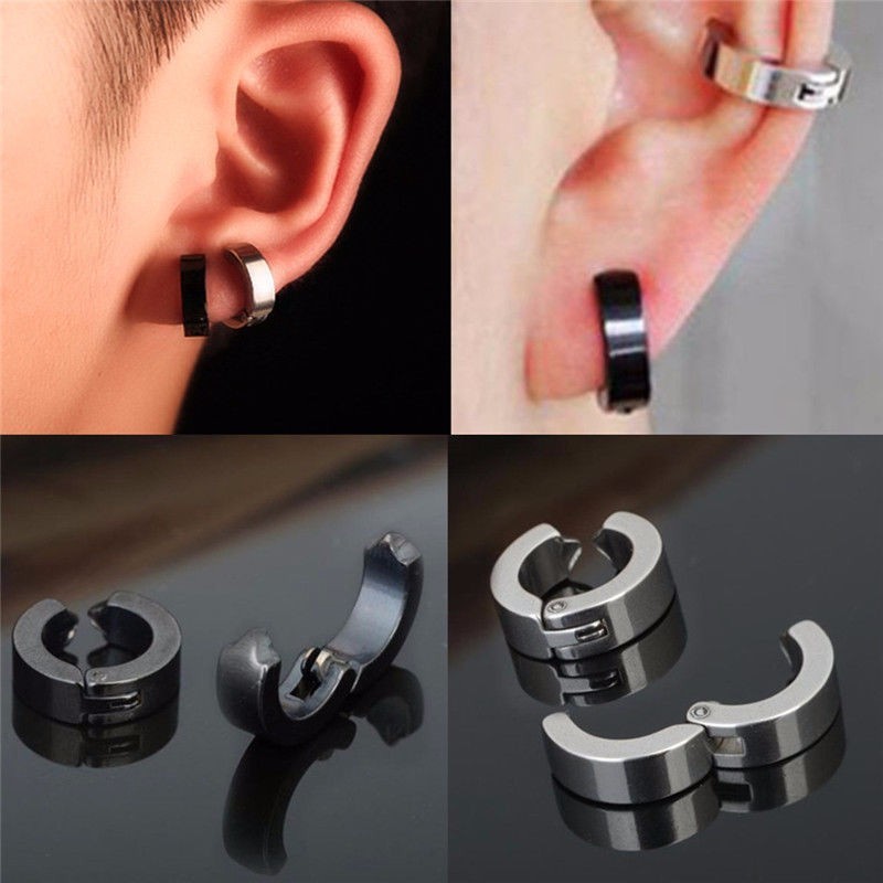US Non-Piercing Clip On Fake Men Boy Ear Stud Cuff Hoop Earrings Stainless Steel