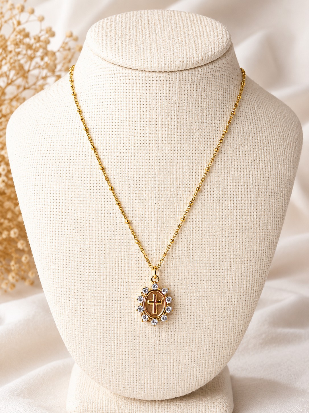 Gold Tone Cross Pendant Necklace Rhinestone Halo Oval Medallion Beaded Chain 18″