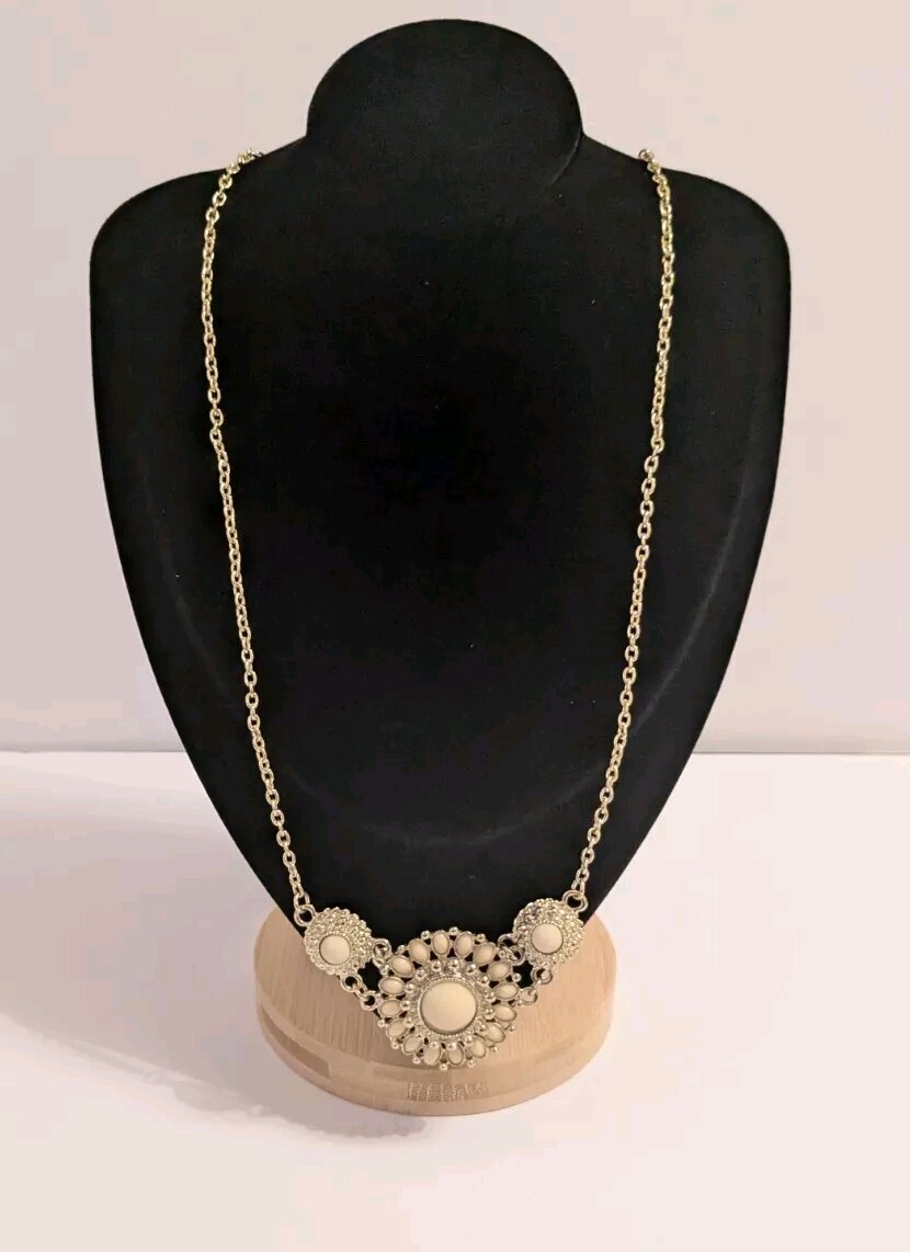 Gold Tone Flower Pendant Statement Necklace With Off White Acrylic Beads 24″.