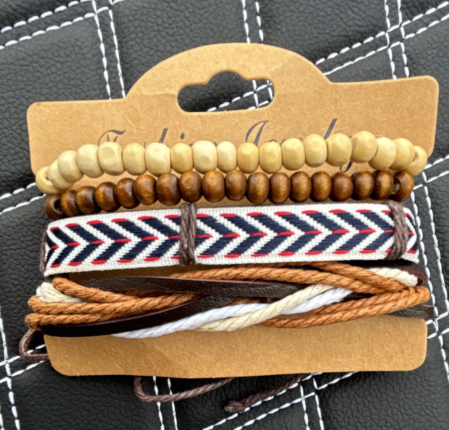 Stackable Cord & Wood Beaded Braided Wrap Bracelet Set Brown Beige Red White