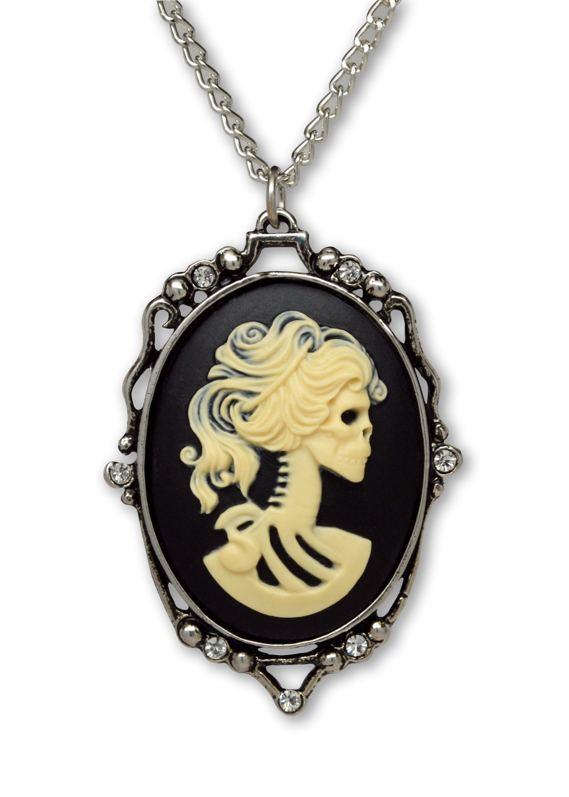 Gothic Lolita Cameo Ivory on Black with Crystals Pewter Pendant Necklace NK-610