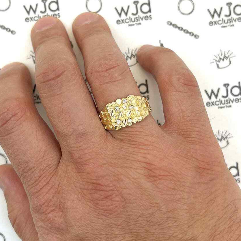 10K Real Gold Yellow Simulated Diamond Nugget Signet Ring