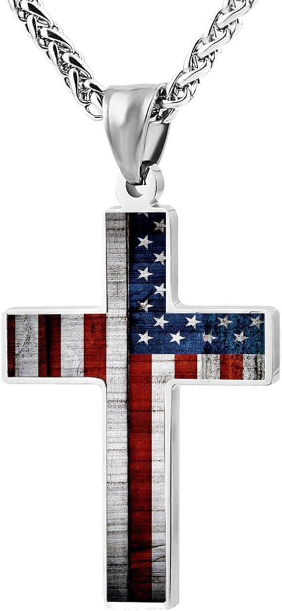 American Flag Patriotic Cross Pendant Necklace Christian Religious Men&women