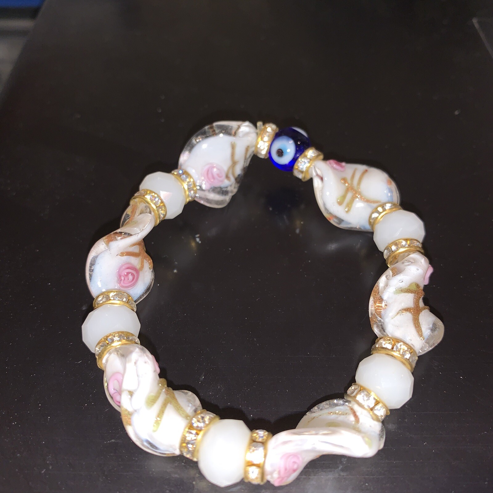 EVIL EYE BRACELET 10mm Stone Bead Pearl Strech Good Luck Protection Lampwork