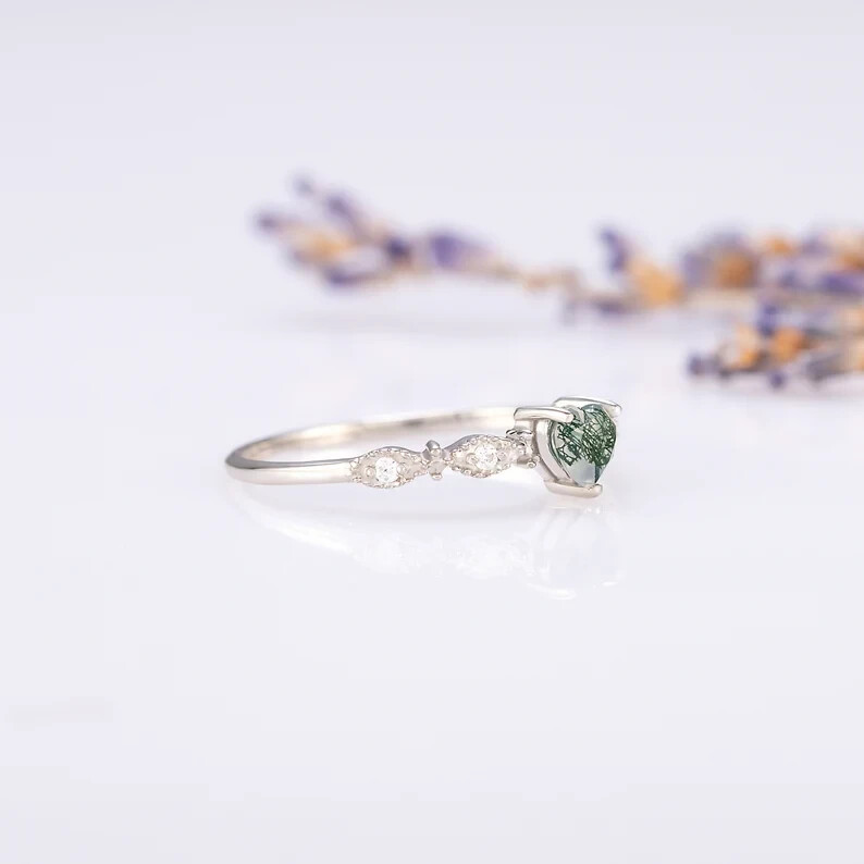 Moss agate heart promise ring, Unique heart cut moss agate engagement ring