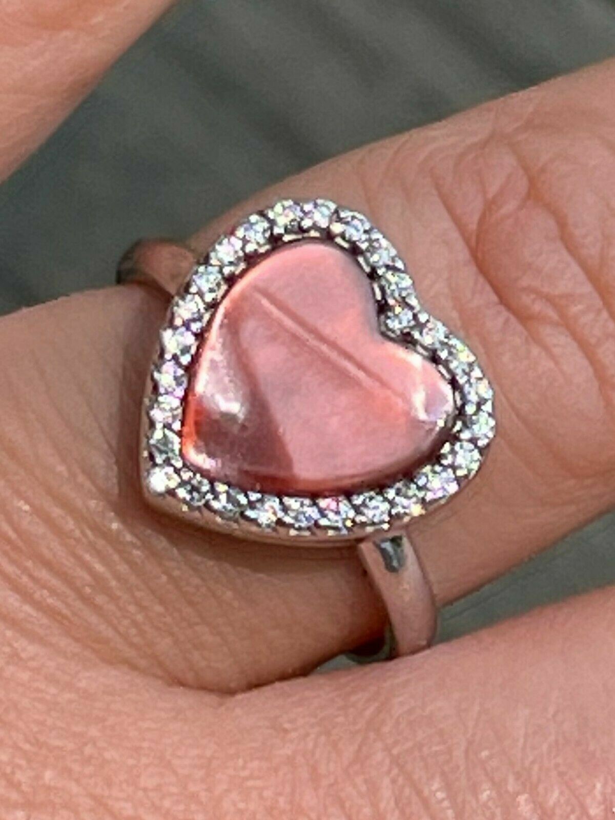 Real 925 Silver Heart Shaped Cocktail Promise Ring Pink Mother Of Pearl CZ Iced