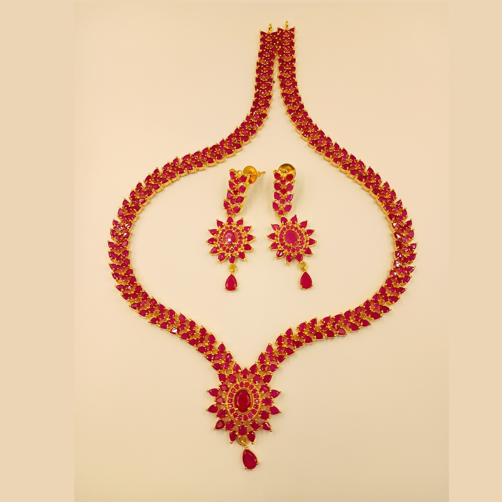 Natural Ruby Flower Necklace Set 22k Gold Plated Fine Handmade Artisan Jewelry