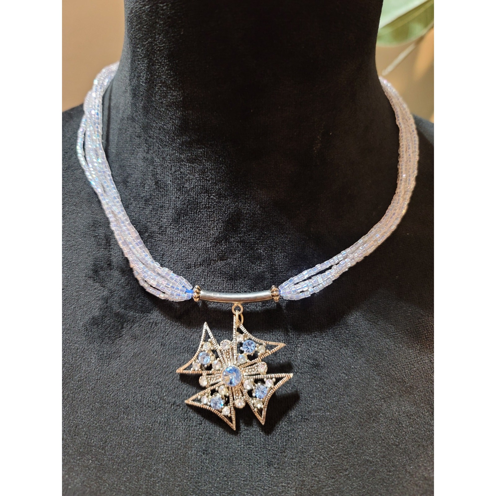 Women’s Multi Strand Beaded Choker Necklace With Blue Pendant Lobster Clasp