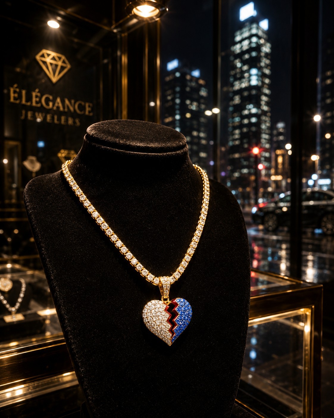 Broken Heart Pendant Necklace Gold Tone Iced CZ Tennis Chain Gift for Her 18″