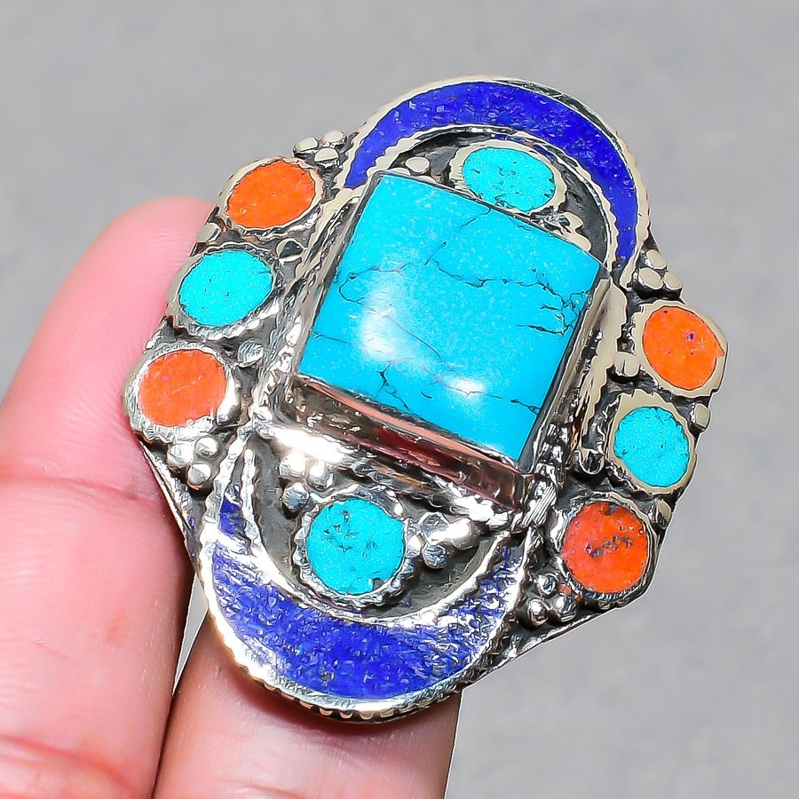 Turquoise Coral Lapis Lazuli Adjustable Ring Boho Tibetan Nepali Jewelry NR 3467