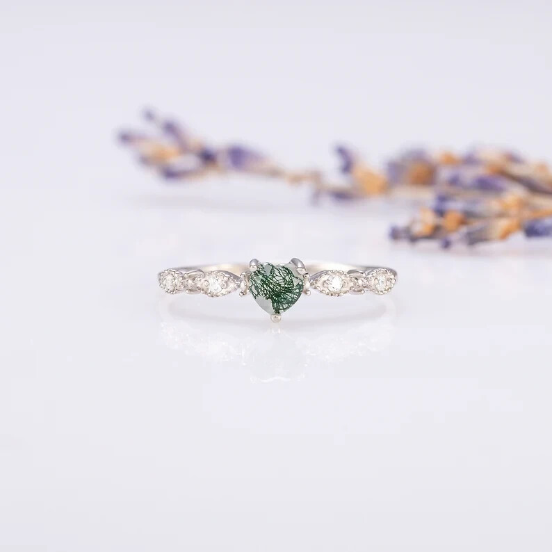 Moss agate heart promise ring, Unique heart cut moss agate engagement ring