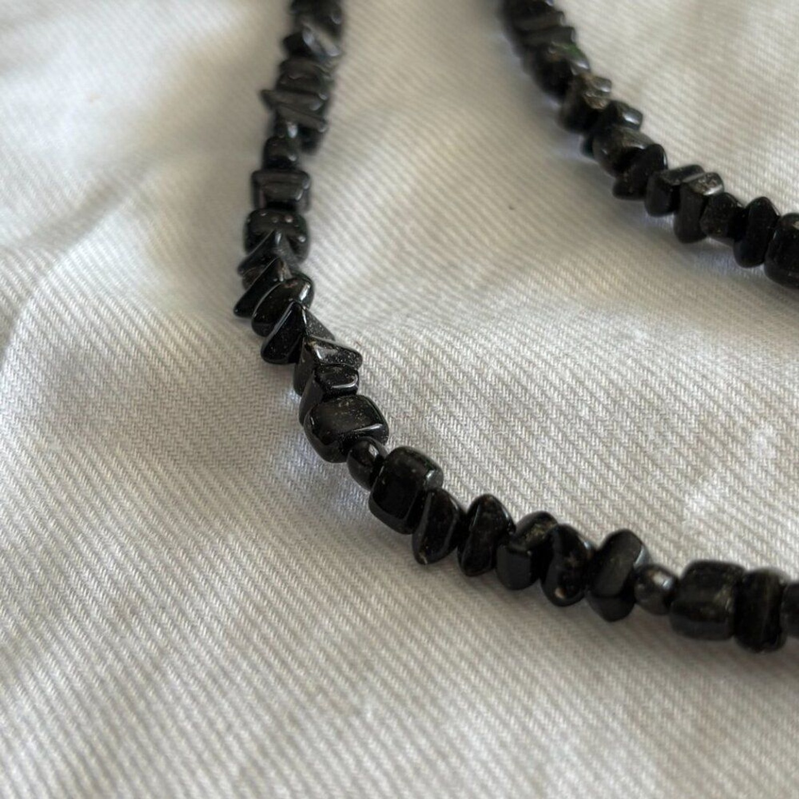 Black Stone Chip Necklace 60” Long Layering Strand Boho Natural Jewelry