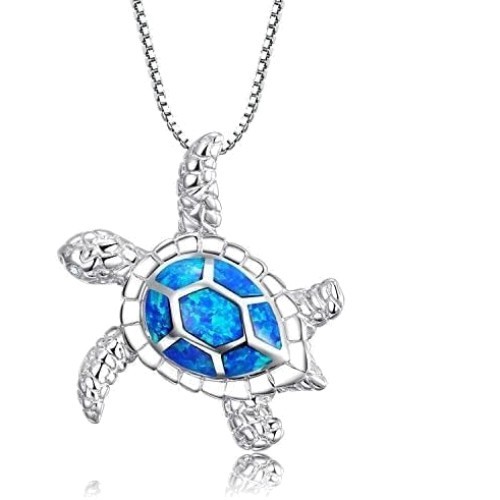 LIBORIA S925 Sterling Silver Turtle Necklace with Blue Opal Pendant – 18 Inches