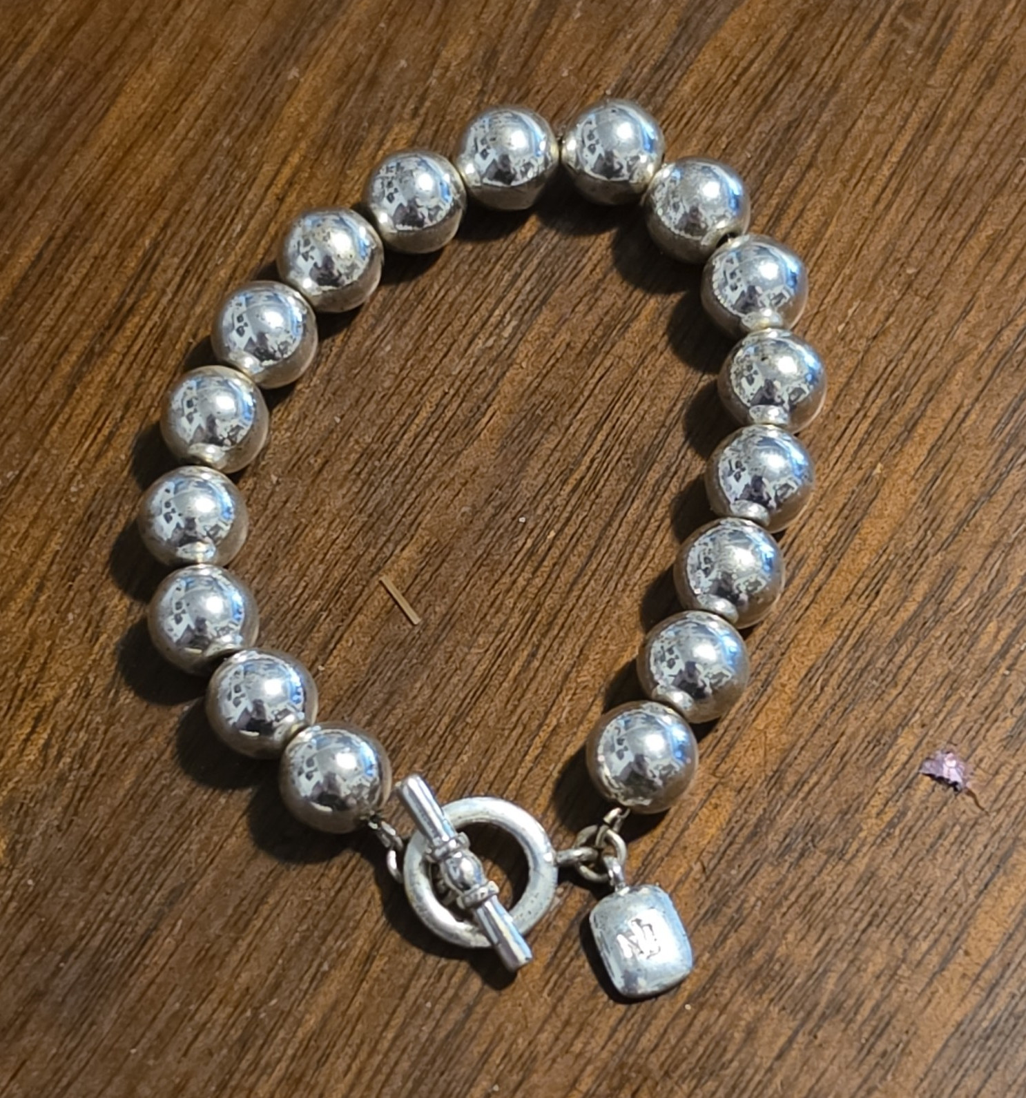 Ralph Lauren Signed Silver Tone Beaded Ball Bracelet Toggle Dangle Charm