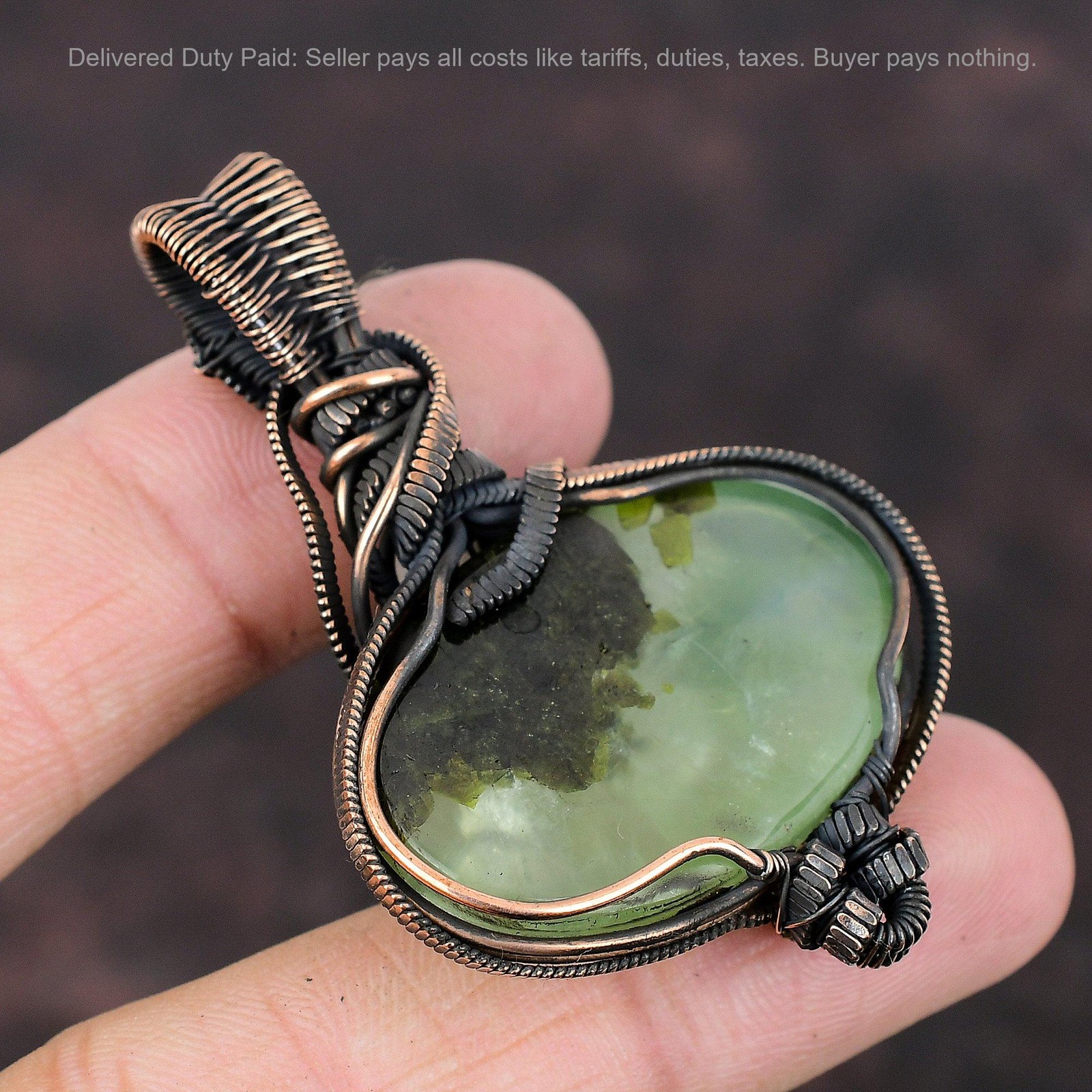 Copper Moss Prehnite Stone Rainbow Moonstone Anniversary Wire Wrapped Pendant