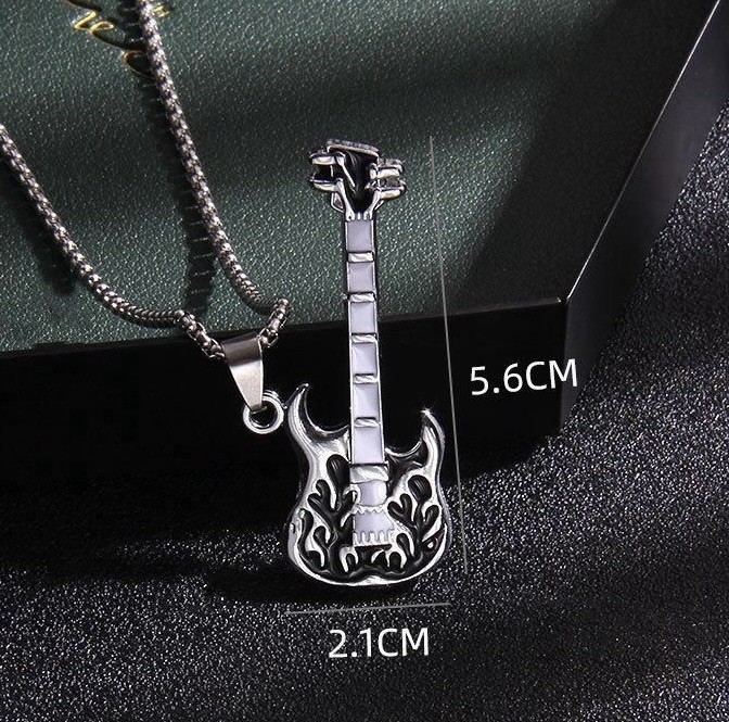 Fashion Vintage Hip Hop Punk Titanium Stainless Steel Guitar Music Necklace
