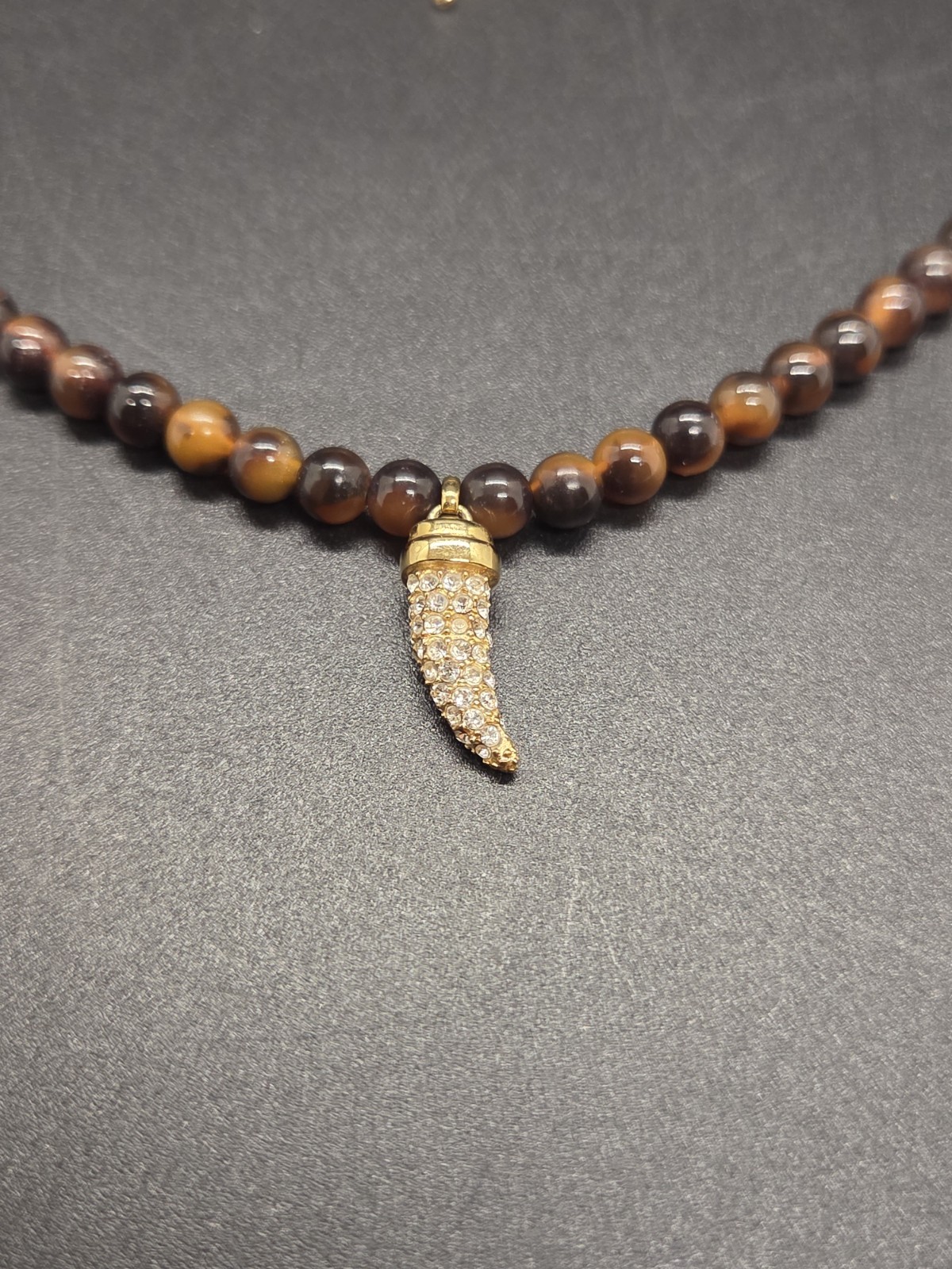 BaubleBar Tiger’s Eye Beaded Necklace Gold Tone Pavé Horn Crescent Pendant 18″