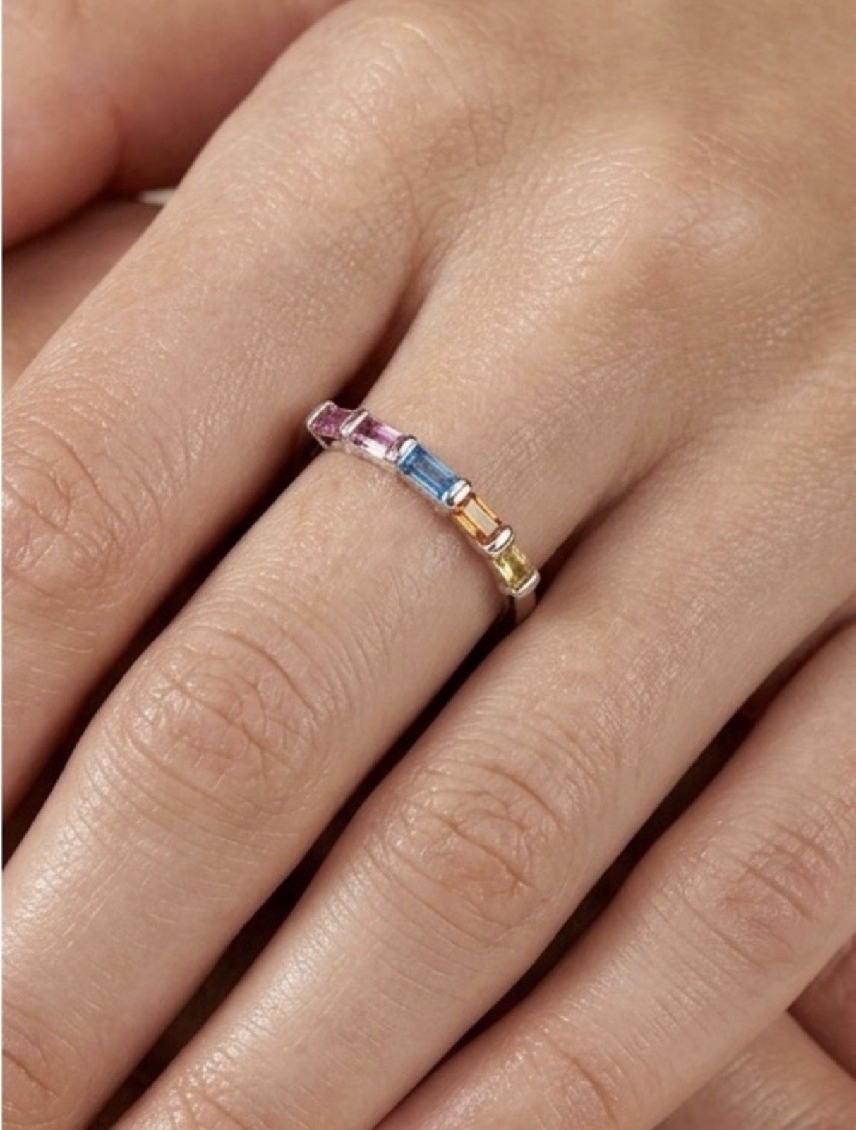 Platinum Plated Multicolor Baguette Crystal Ring | Silver Stackable Band Ring
