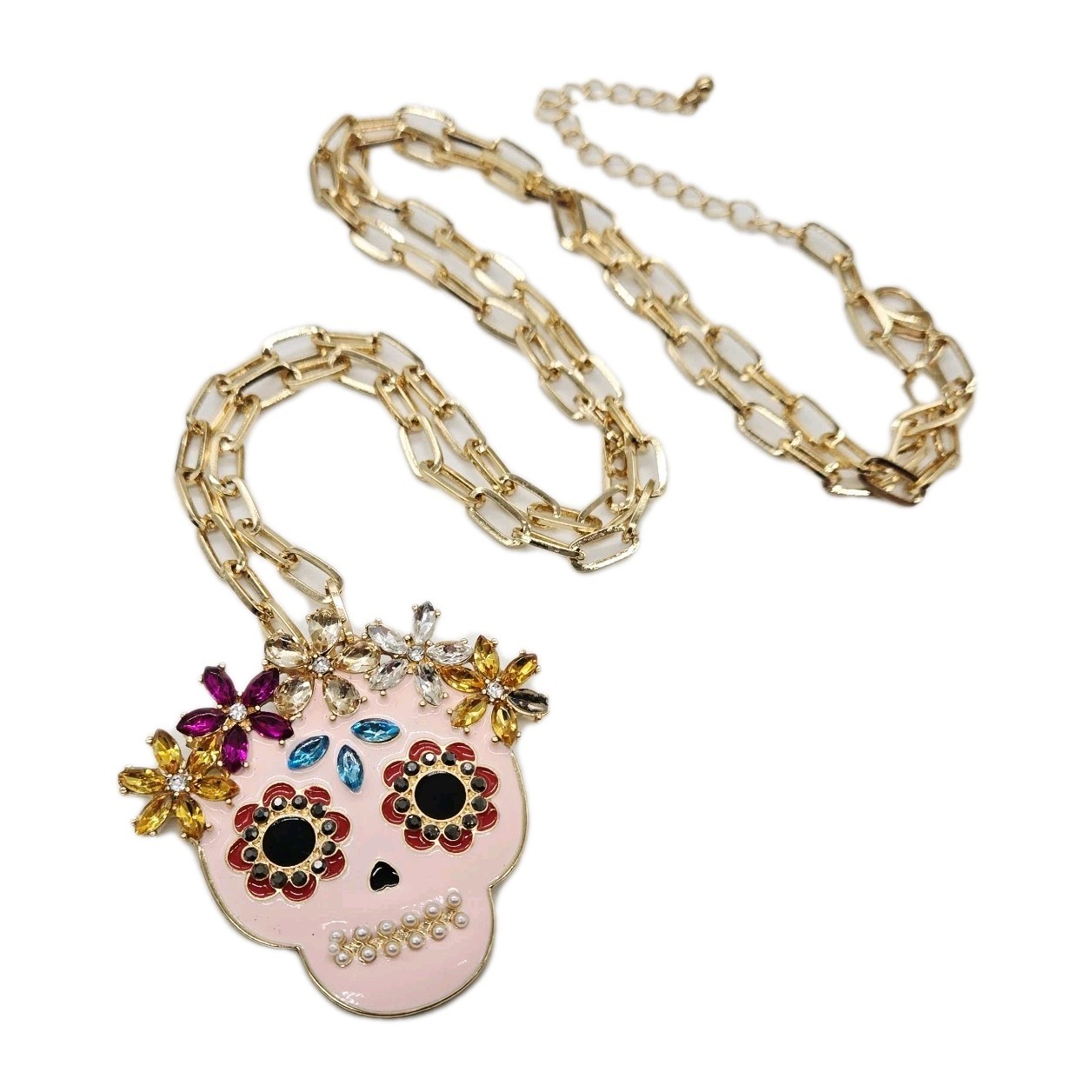 Sugar Skull Pendant Necklace Halloween Jewelry Pink Multicolored Gold tone 35 in