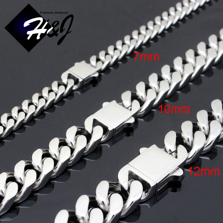 7.5″-11″MEN Stainless Steel 7/10/12mm Silver Miami Cuban Curb Chain Bracelet*166