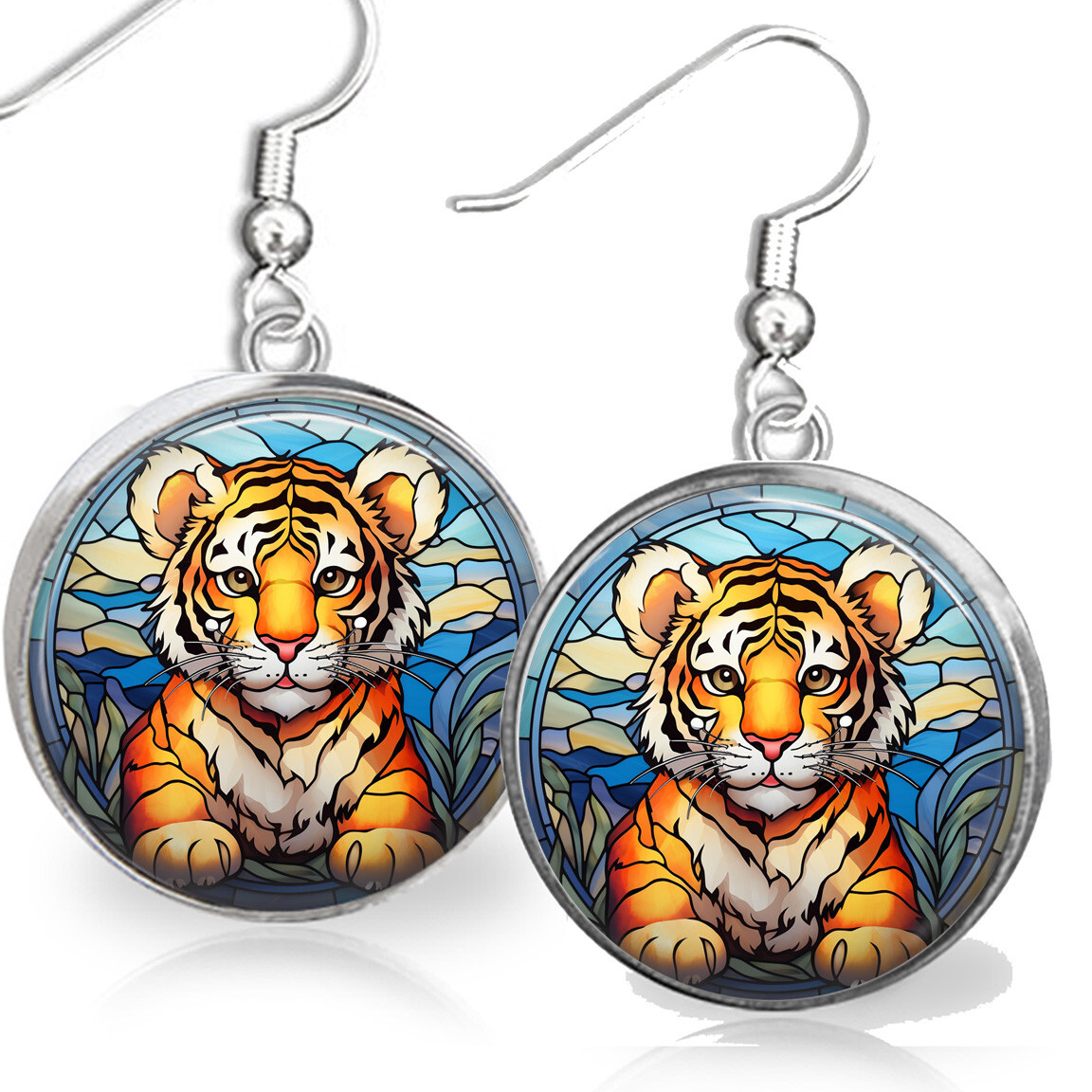 Tiger Cub Faux Stained Glass Art Print Sterling Dangle Earrings Big Cat Gift