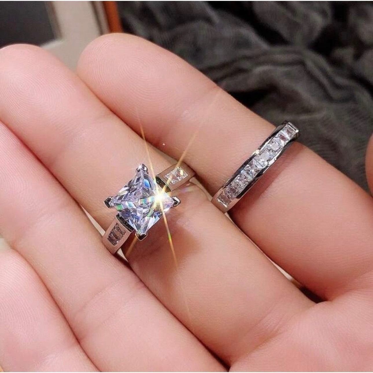 Princess Cut Bridal Ring Set Silver Tone Engagement Wedding Band Size 8