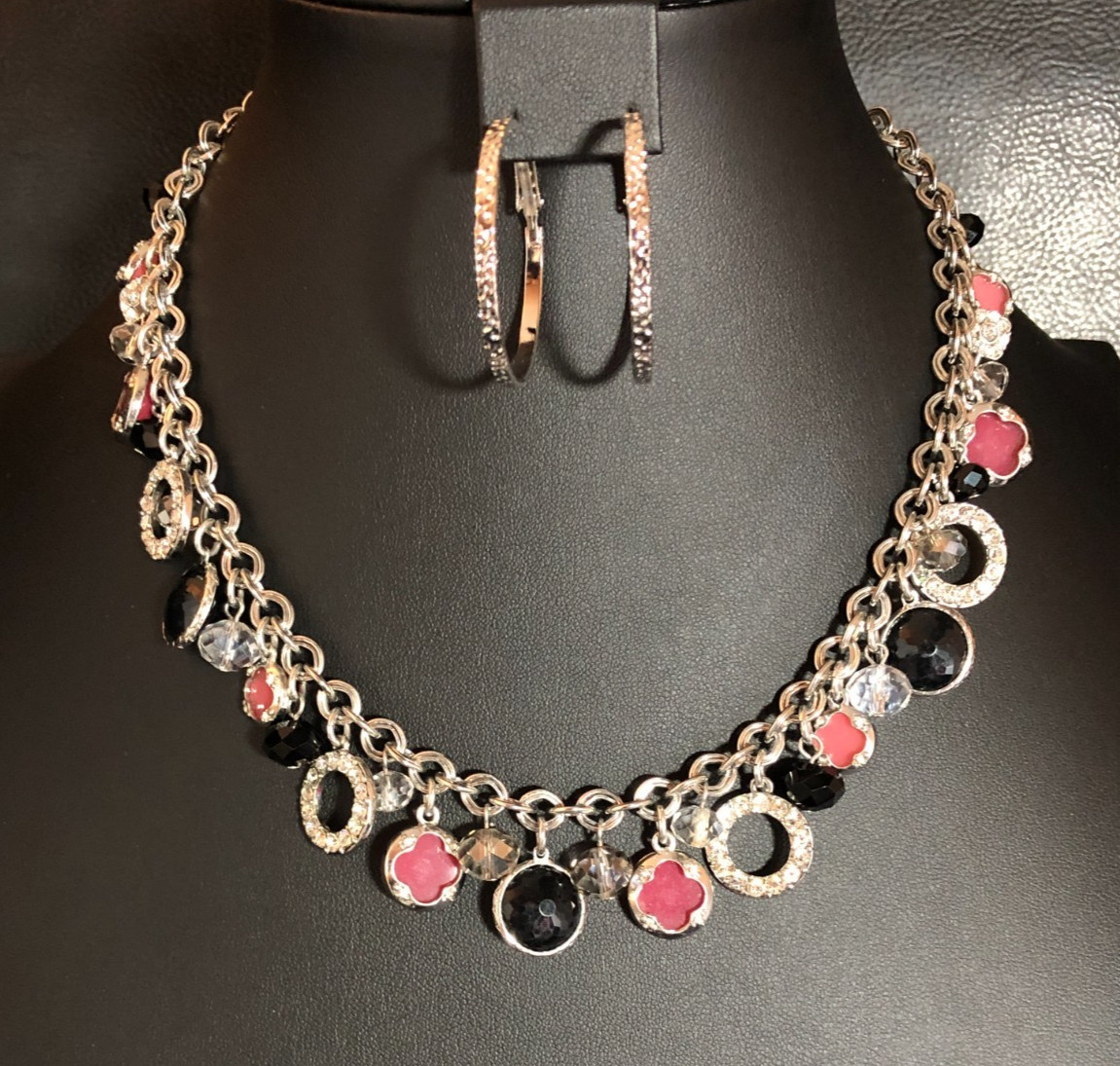 Silver Black Pink Crystal Clover Charm Necklace WHBM + Hoop Earrings Lot 8468