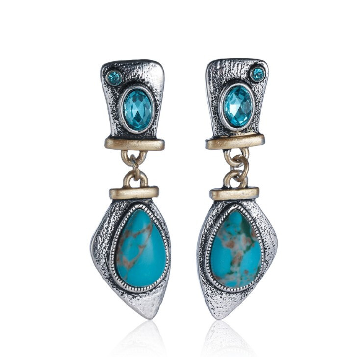 Special Antique Natural Imperial Jasper Tourquoise Gem Silver Hook Stud Earrings