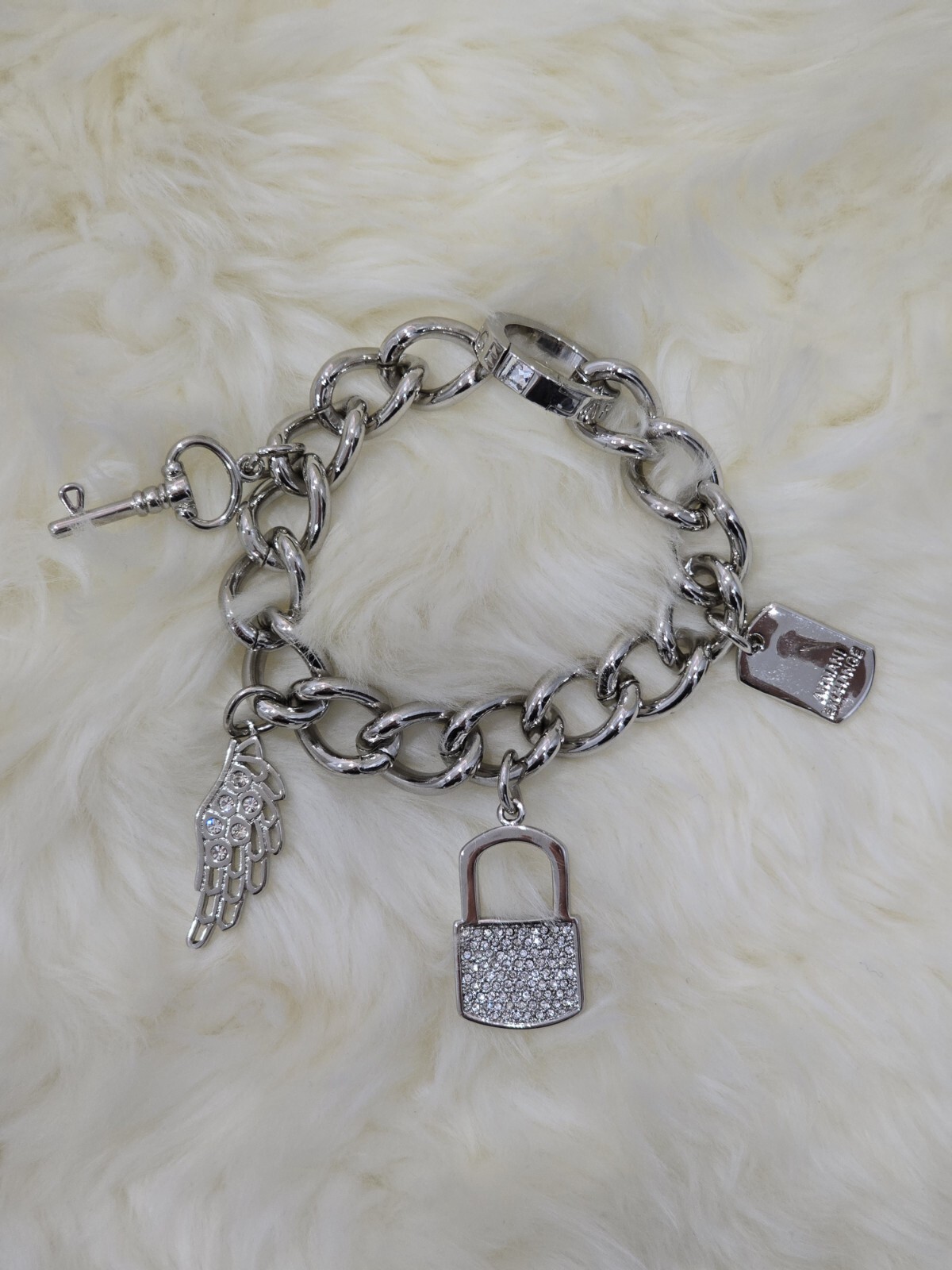 Armani Exchange Chain Bracelet Stainless Steel Silver Charms Push Lock BNWT