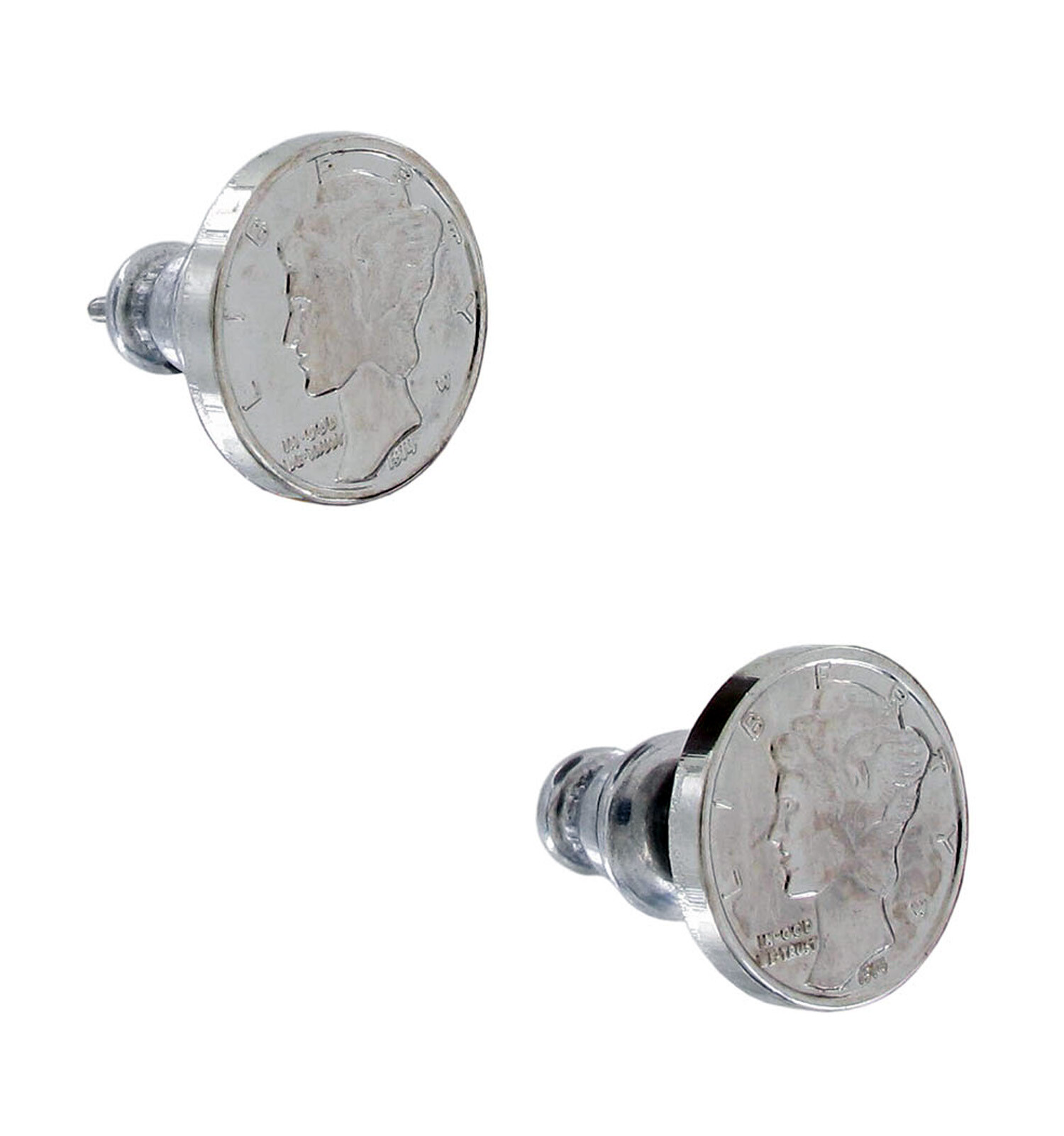 Vintage Miniature USA Mercury Dime Coin Stud Earrings – Silver Tone 3/8″