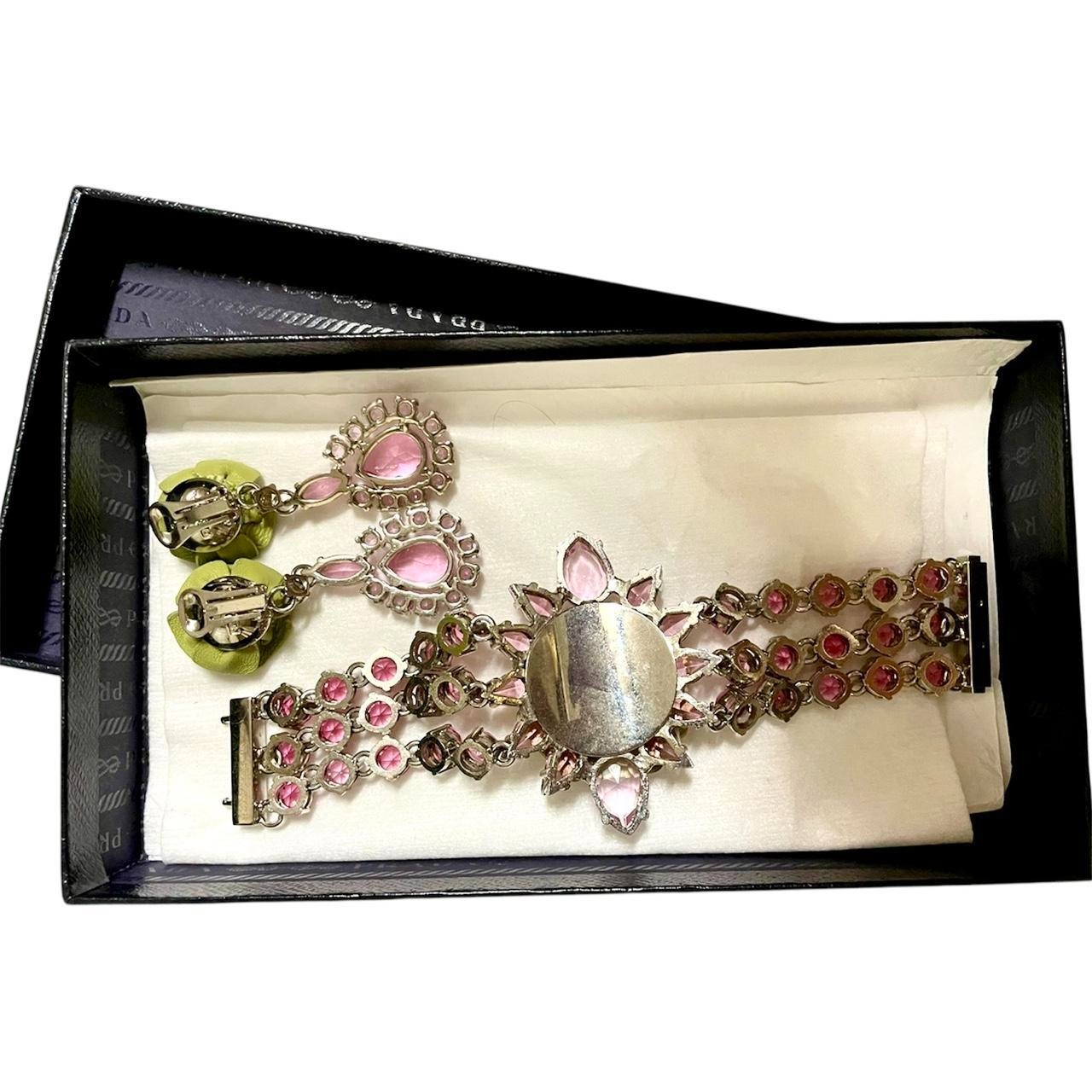 Prada S/S 2012 Green Patent Leather Rose Pink Rhinestone Bracelet & Earrings Set