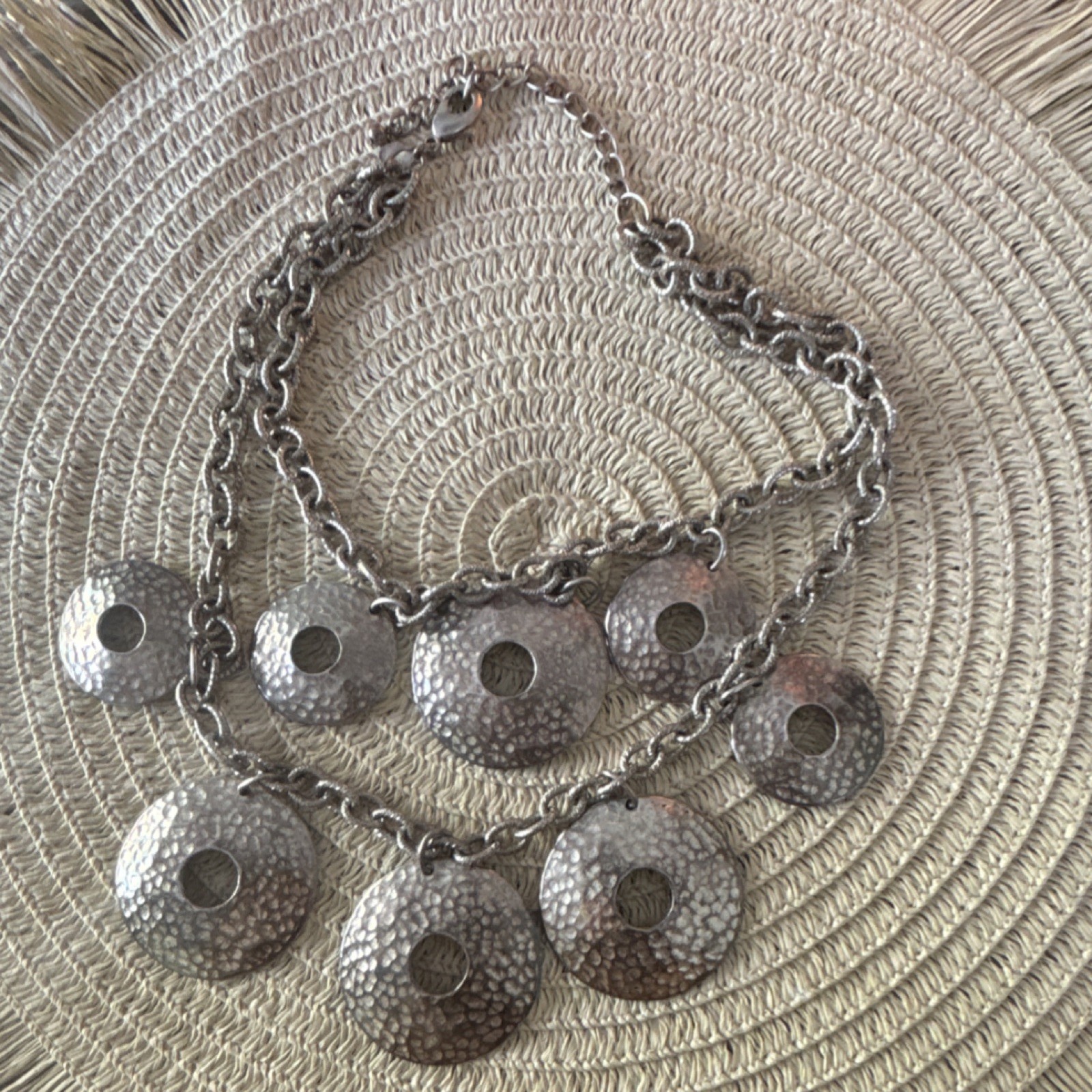 Silver Tone Metal Oval Link Chain Statement Necklace Round Disc Charm No Stone